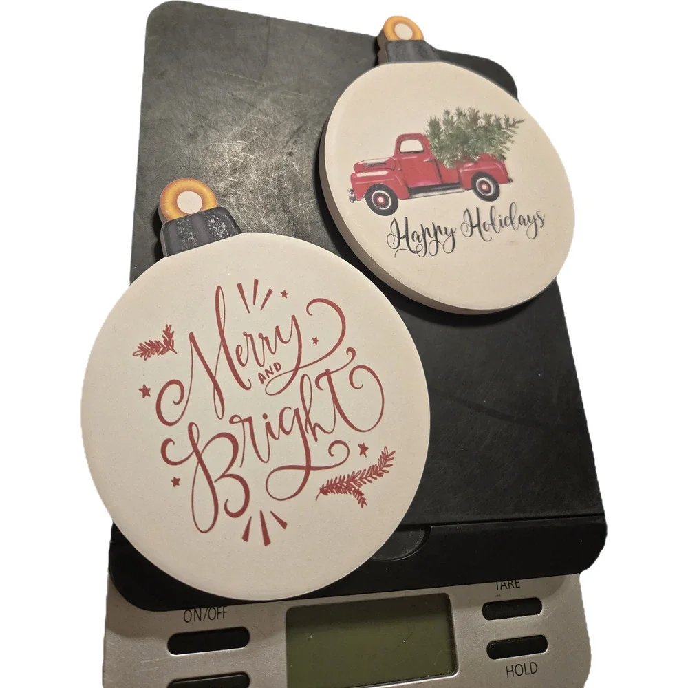 Christmas Ornament Coasters Set of 2 Red Truck Merry and Bright holiday seasonal